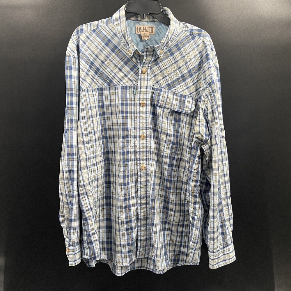 Duluth Trading Shirt Men XL Plaid Blue Long Sleeve Vented Button Fishing Outdoor